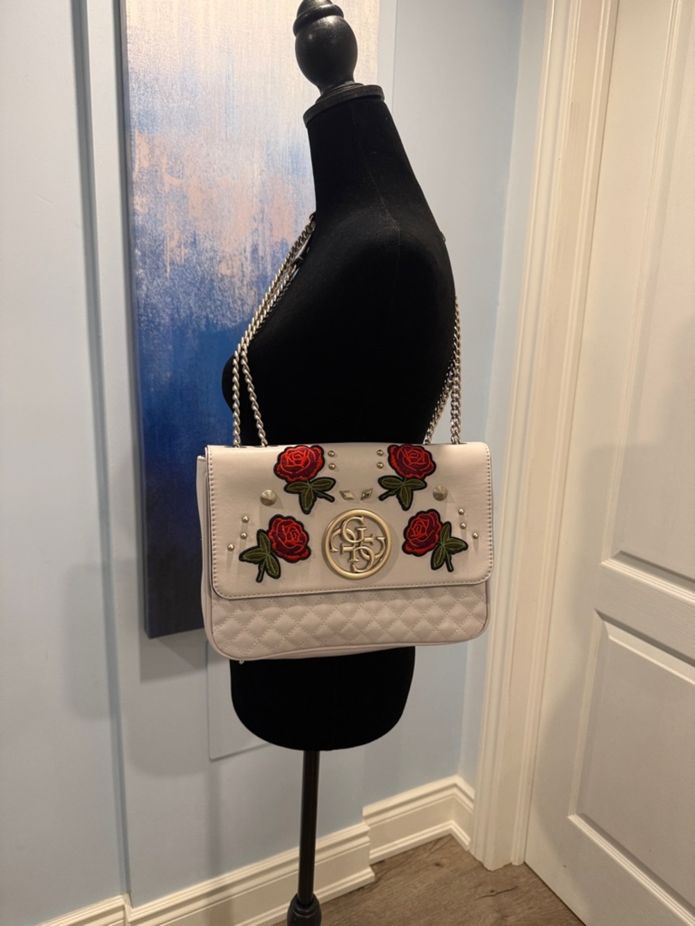 GUESS nudish/blush Shoulder Bag with Red Rose Appliqués and Gold Hardware